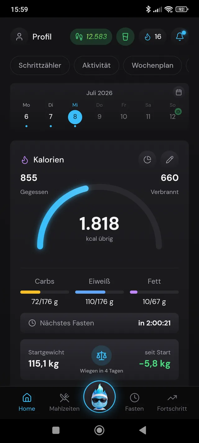 fettweg.app Startbildschirm mit Kalorien, Makros und Fasten